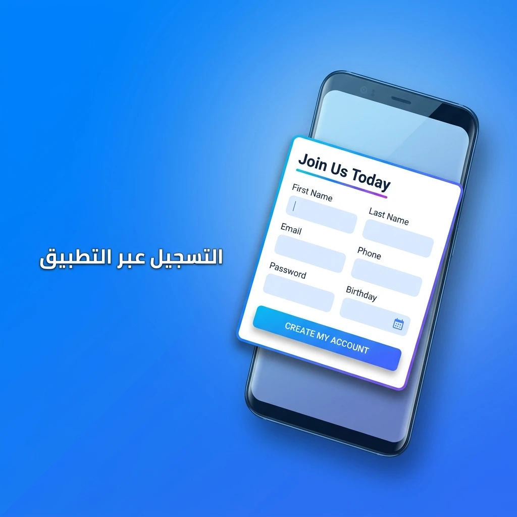 شاشة تسجيل حساب جديد في التطبيق مع خطوات إنشاء الحساب عبر الهاتف أو البريد الإلكتروني
